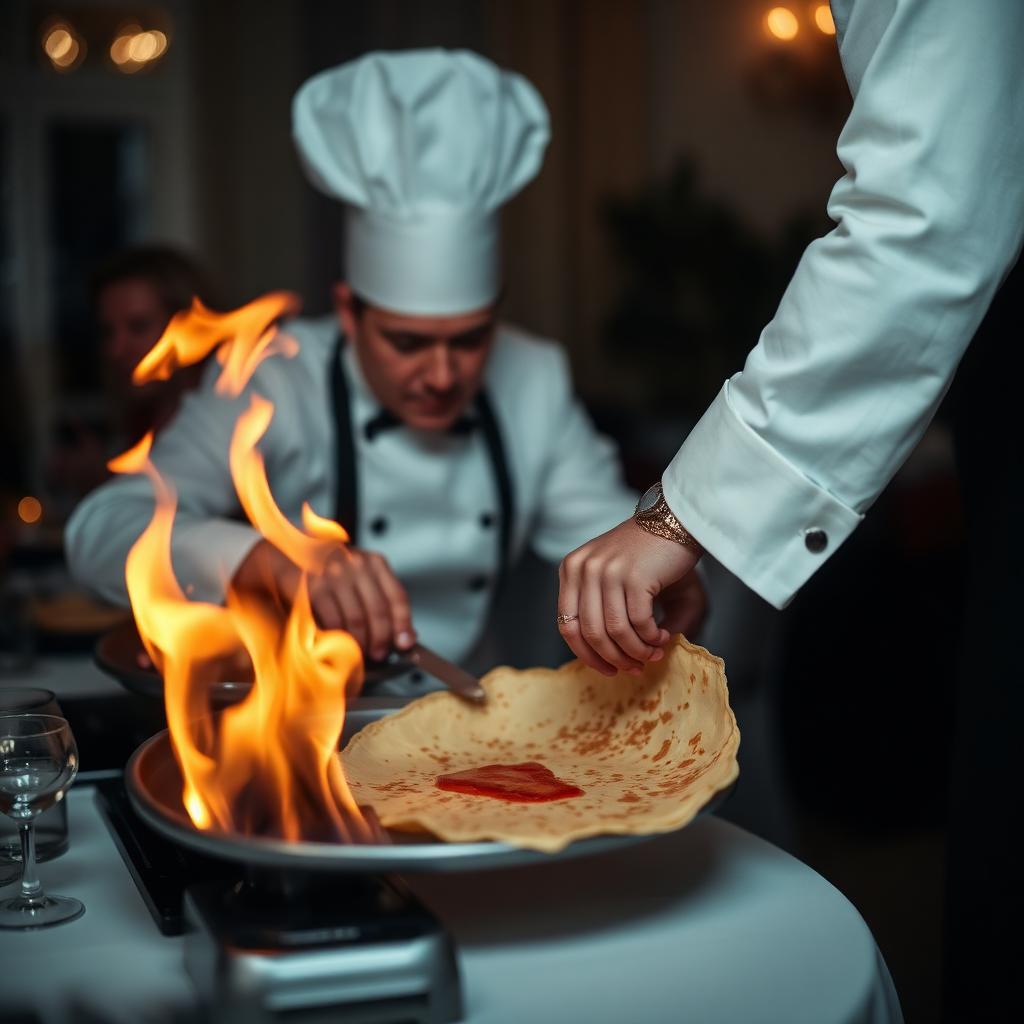 Chef preparando crepe flambado ao vivo