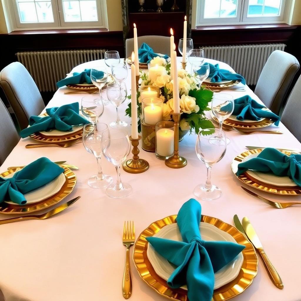 Mesa decorada com louças douradas e guardanapos azul petróleo
