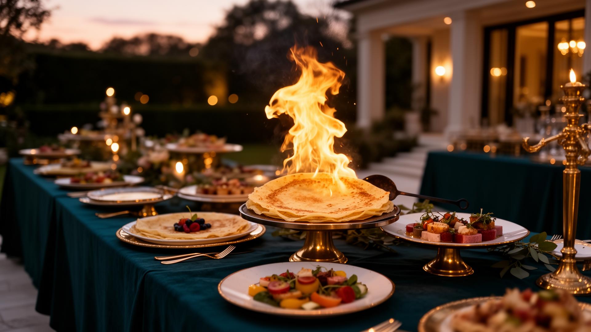 Buffet elegante a domicílio com crepe francês sendo flambado
